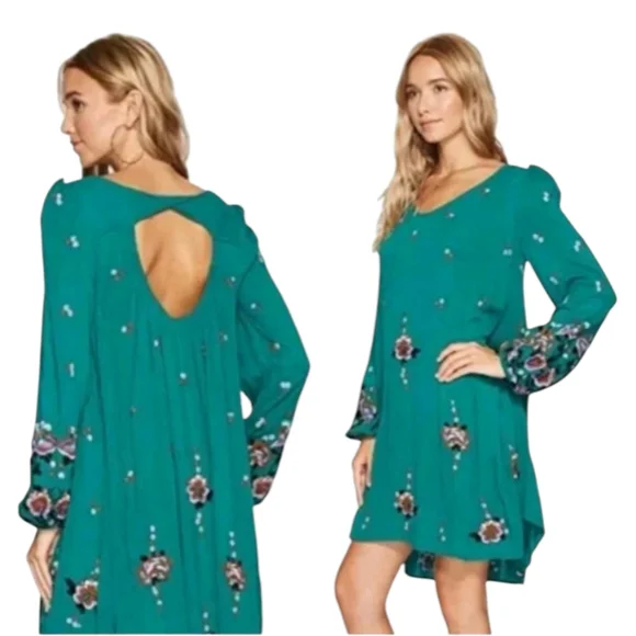 Free People Sweet Tennessee Swing Mini Dress Green Multicolor Embroidered Boho L - Picture 3 of 7